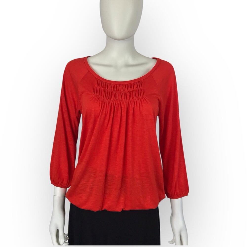 Ann Taylor Red Smocked 3/4 Sleeve Tee Shirt Blouse